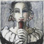 "Dama con abanico rojo, de frente", óleo sobre tabla, 50x50 cm, (2003)